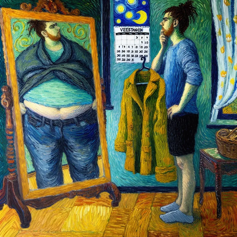 Persoon voor een spiegel met twee verschillende outfits die gewichtsverandering symboliseren, Van Gogh-stijl