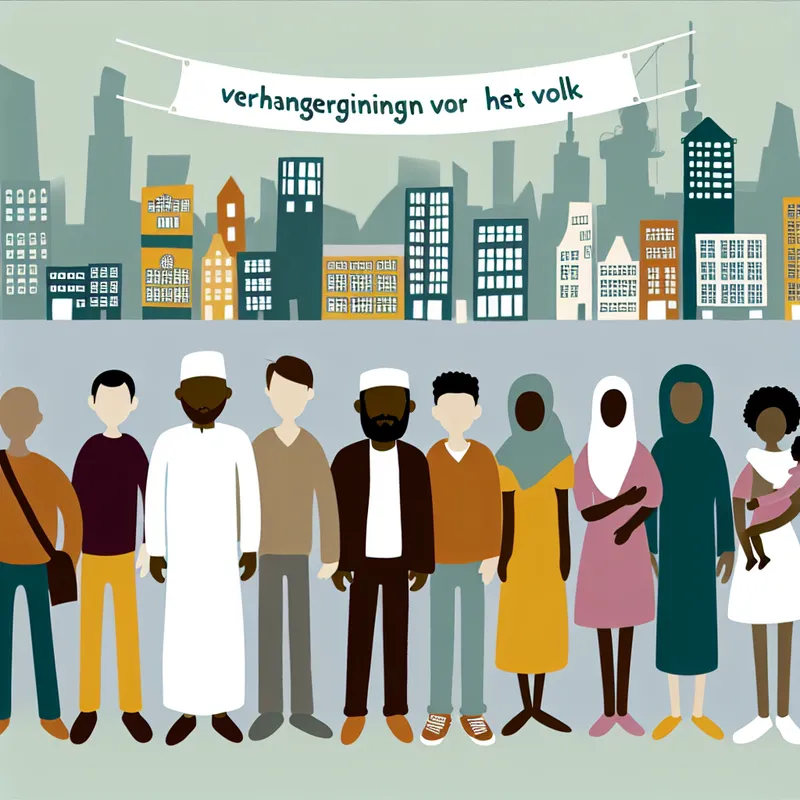 Minimalistische illustratie van een diverse groep gewone mensen in een stadstraat, met een banner die 'Veranderingen voor het Volk' toont.