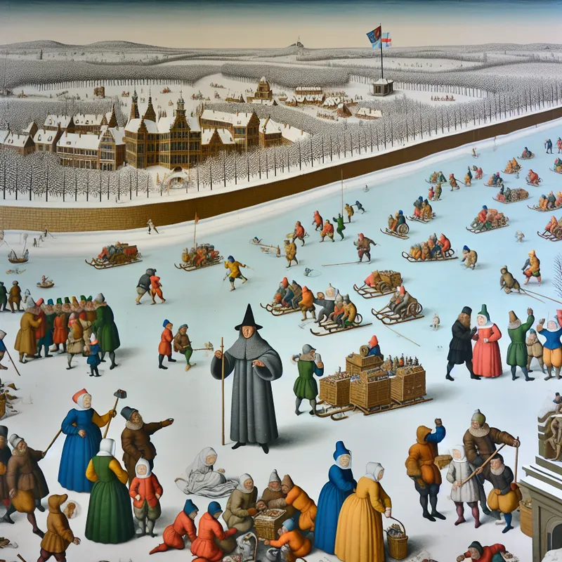 17e-eeuwse wintertafereel met arbeiders onder gezag van een opzichter aan een bevroren kanaal, in de stijl van Hendrick Avercamp