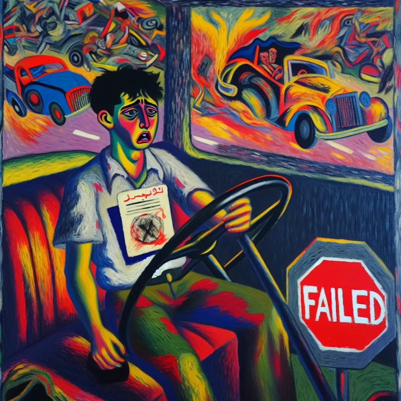 Abstracte voorstelling van een jonge man die teleurgesteld in een auto zit met een groot rood 'GEZAKT'-stempel op zijn rijbewijs, omringd door een chaotische verkeersscène in felle kleuren