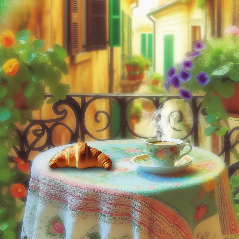 Een knus balkon met een tafel die voorzien is van een kleurrijke tafelkleed, een croissant en een kopje koffie, omringd door groene planten en bloemen.