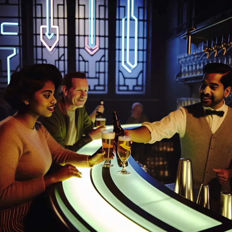 Twee vrienden die aan een retro-futuristische bar zitten en bierglazen klinken in een gezellige, dimverlichte sfeer met neonlichten op de achtergrond