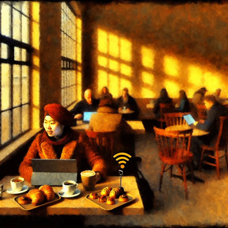 Een vrouw werkt geconcentreerd aan een houten tafel in een gezellig café, omringd door koffie en gebak, terwijl een Wi-Fi symbool op haar tafel oplicht.