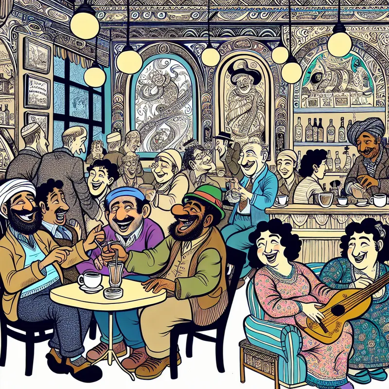 Een gezellig café met patrons die ontspannen genieten van hun tijd, met kleurrijke banners en een muzikant op de achtergrond.