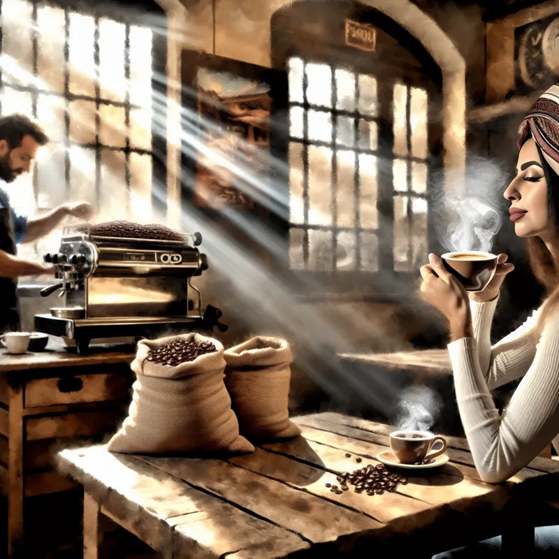 Een persoon geniet van een dampende kop koffie aan een rustiek houten tafel in een gezellige caféomgeving.