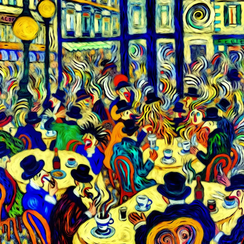 Kleurrijke, abstracte weergave van een levendig café in stadscentrum met gezellige sfeer, mensen aan tafels met eten en drinken