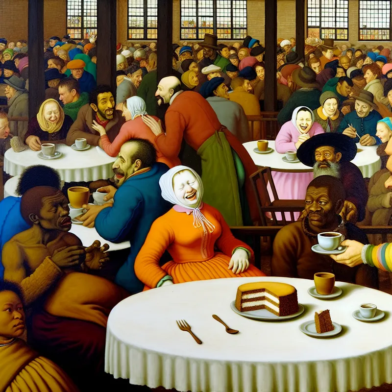 Een enkele plak cake op een tafel in een druk café, omringd door grotere, onaangeroerde taarten en een vrolijke ober die koffie serveert aan een sombere familie.