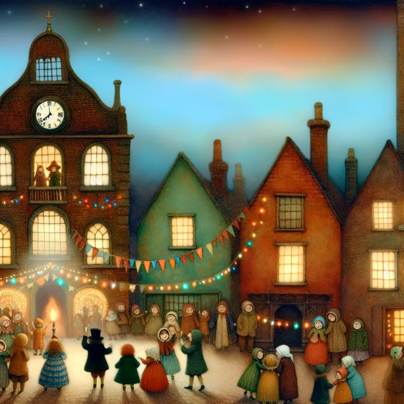 Charming village square decorated for a festive gathering with children outside a cottage