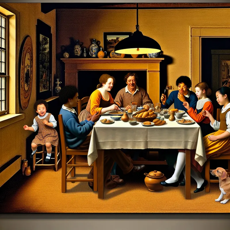 Gezellige eetscène van een gezin dat aan tafel dineert, met een hond dat onder de tafel wacht.