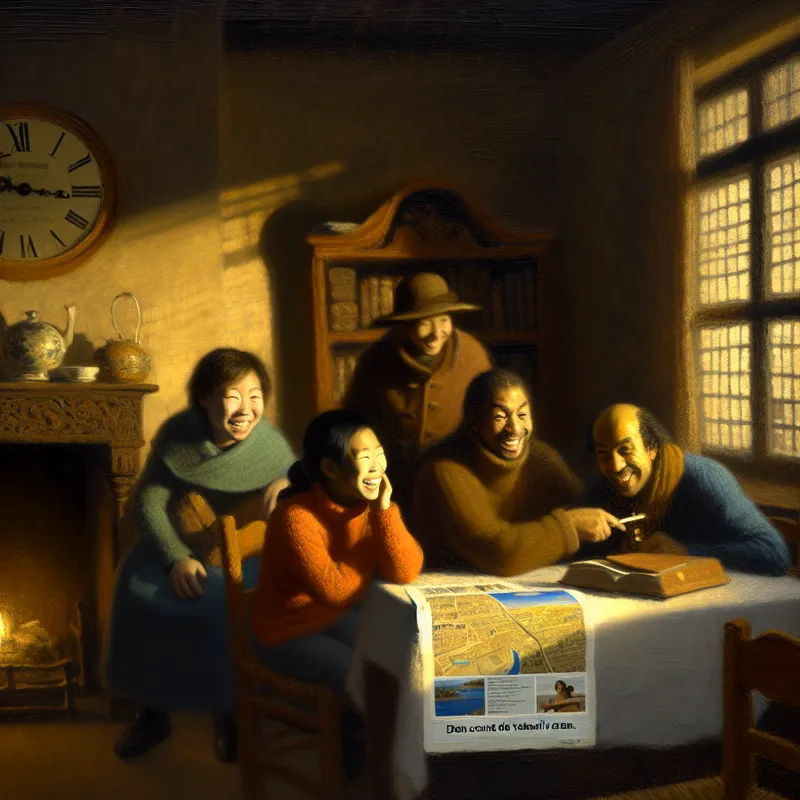 Een warme en intieme scene in een gezellige woonkamer met een gezin dat in gesprek is over hun aankomende vakantie.