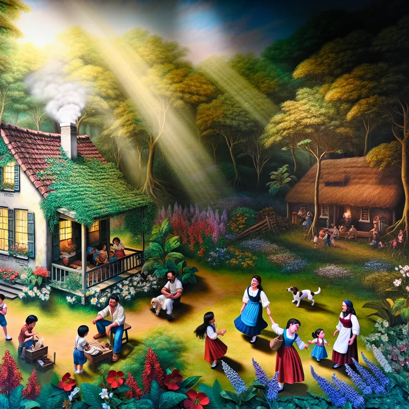 Een klein, gezellig huis aan de rand van een groene bos met een familie die buiten speelt.