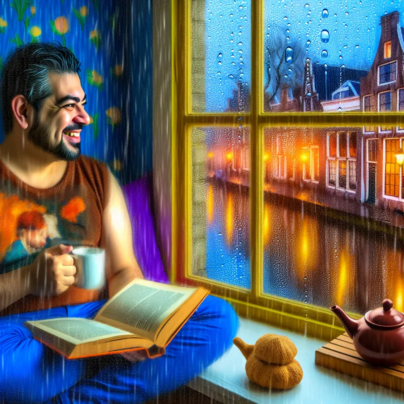 Een gezellige huiskamer met een persoon die een boek leest terwijl het regent buiten.