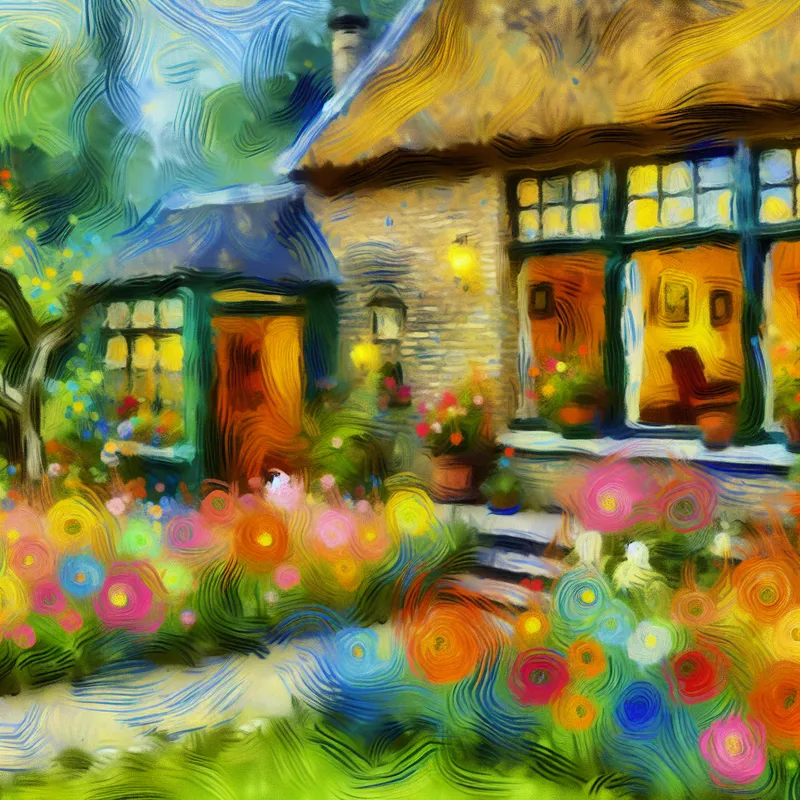 schilderij van huis met kleurrijke tuin