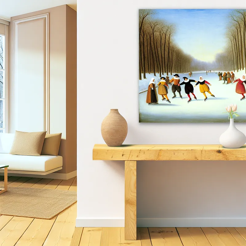 Een klein schilderijtje van een winterlandschap met schaatsende figuren, geplaatst op een houten plank in een gezellige kamer.