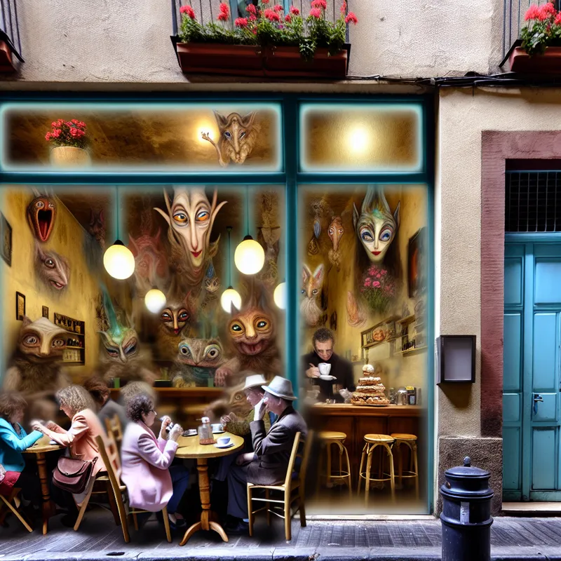 Een gezellig en intiem café met een kleurrijke entree, waar bezoekers genieten van koffie en gebak.