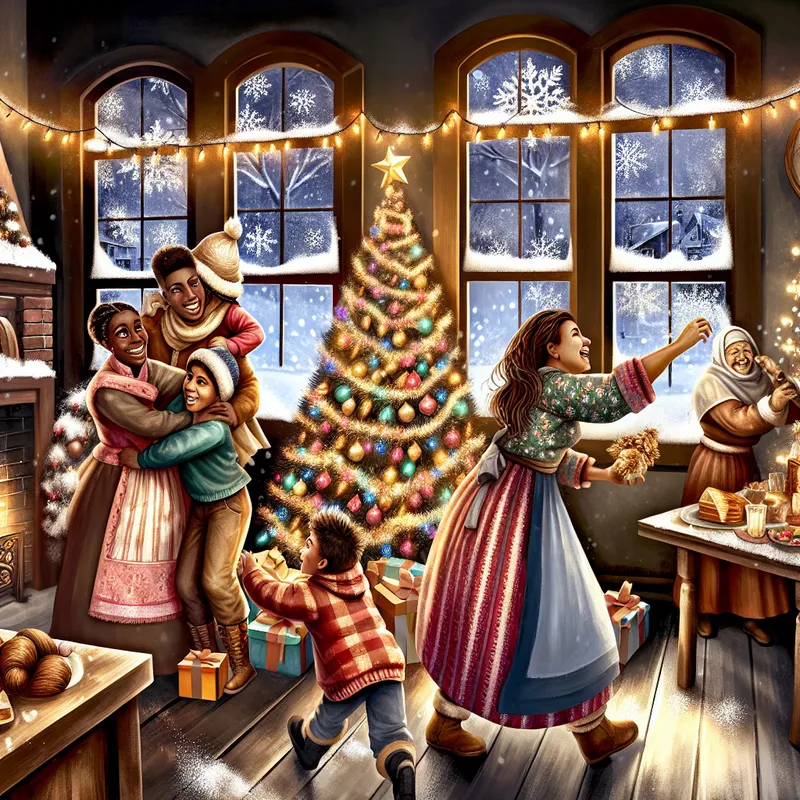 Gezellig gezin met een kerstboom, geschenken en feestelijke decoraties in een warme December sfeer