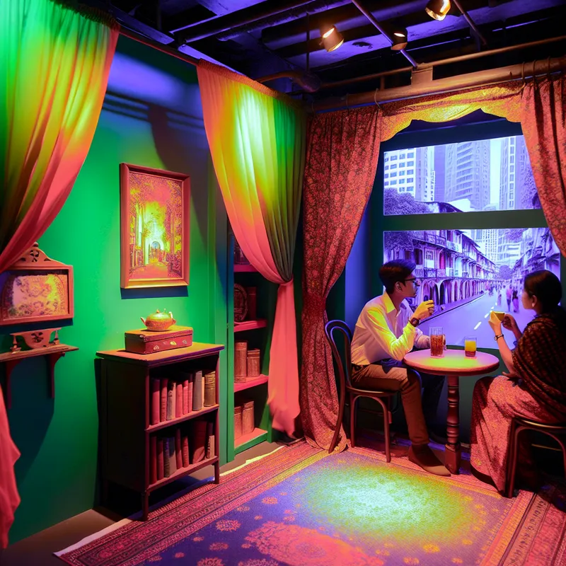 Een gezellig klein appartement met een koppel dat samen koffie drinkt aan een houten tafel met twee stoelen.