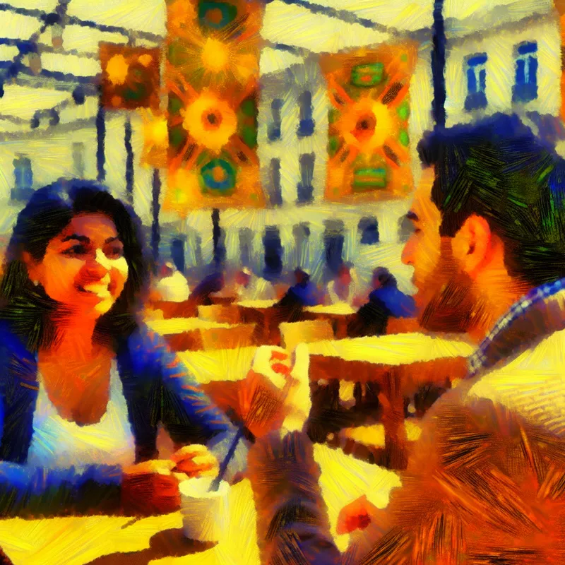 Twee collega's voeren een levendig lunchgesprek in een gezellig café.