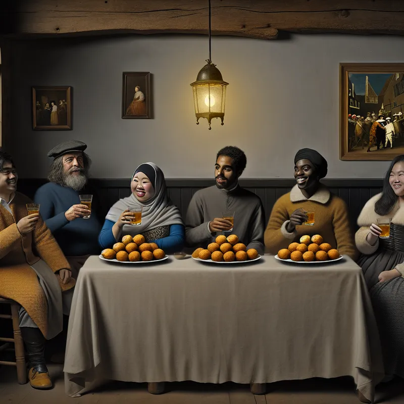 Groep vrienden met bitterballen in een gezellig Nederlands café