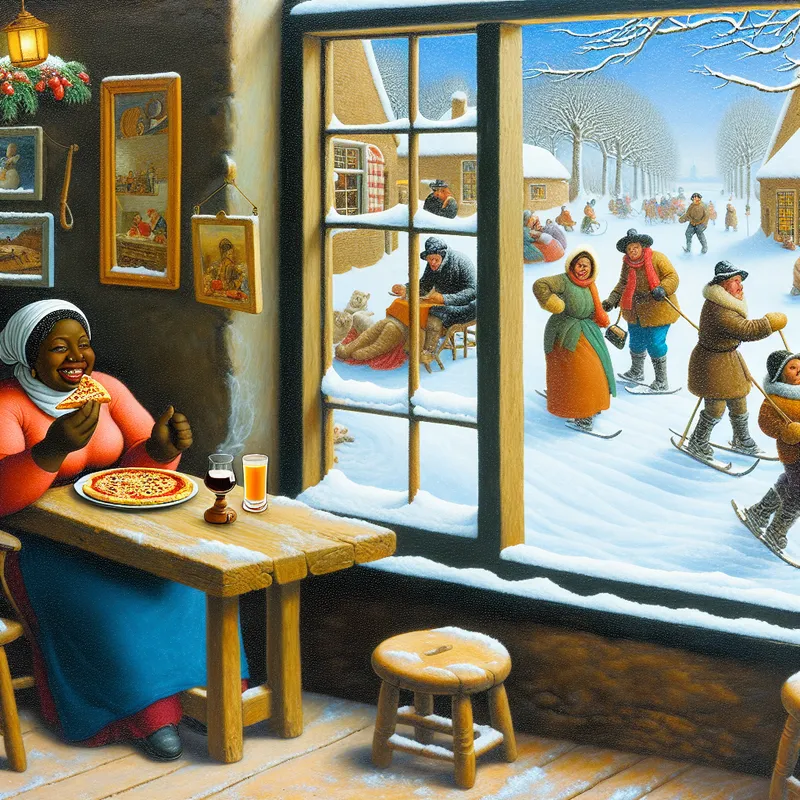 Een persoon geniet van een stuk pizza in een sfeervol café terwijl sneeuw buiten valt.