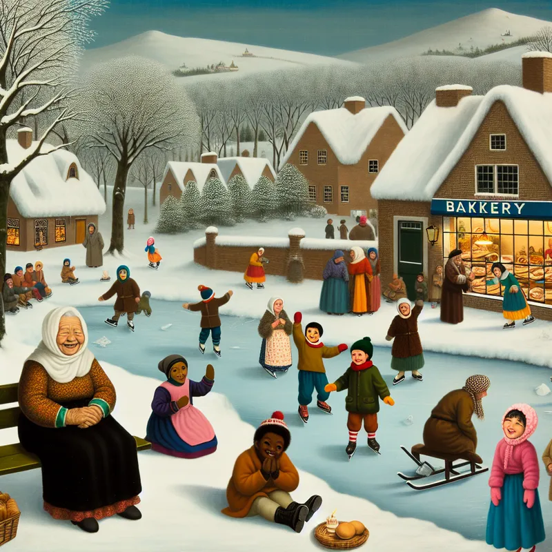 Een gezellige winterlandschap met een oudere persoon op een bank, omringd door spelende kinderen en een warme bakkerij op de achtergrond.