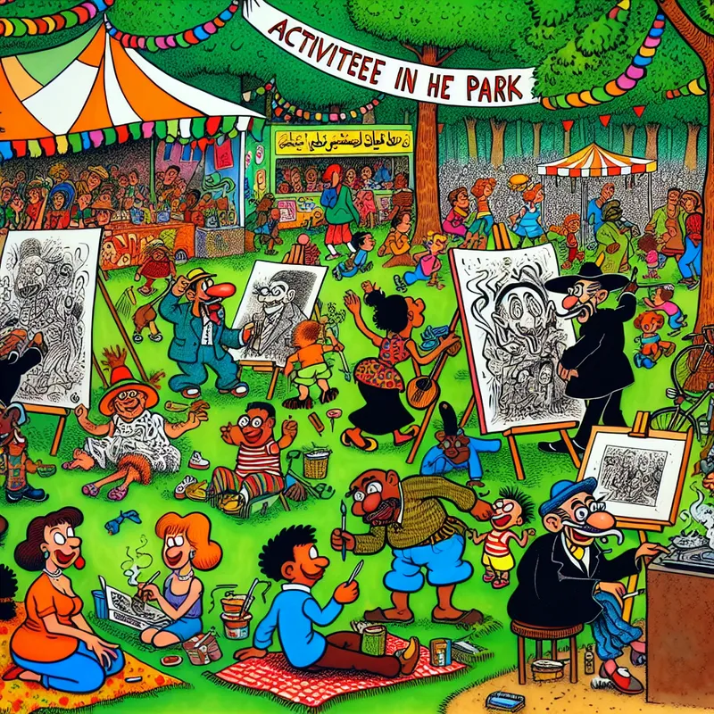 Een levendige cartoon van een buitenactiviteit in een park met mensen die picnics houden, kinderen die spelen, en kunstenaars die schilderen.