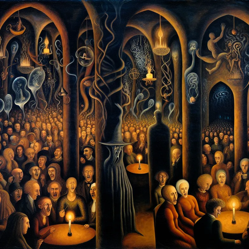 Surrealistisch tafereel van een gezellige avond die bedorven wordt door een sombere figuur met negatieve opmerkingen, in de stijl van Hieronymus Bosch