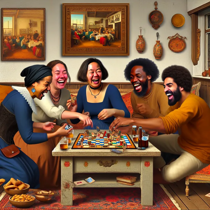 Vijftal vrienden speelt bordspellen in een warme, gezellige woonkamer, waarbij gelach en stralende gezichten te zien zijn.