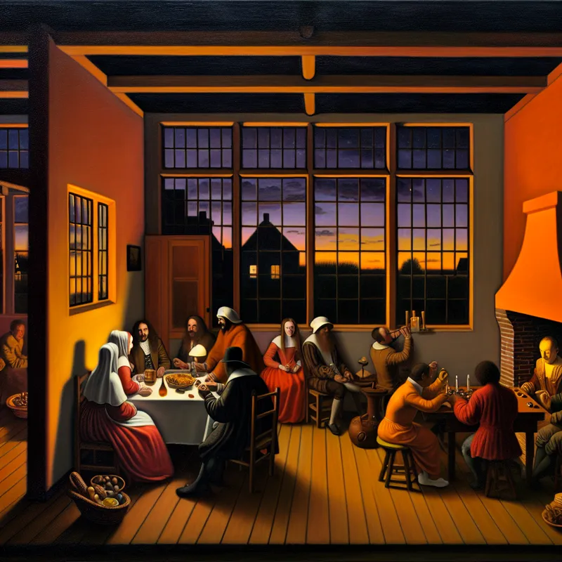 Een gezellige avondbijeenkomst in een warm verlichte woonkamer met vrienden die bordspellen spelen, omgeven door snacks en drankjes.