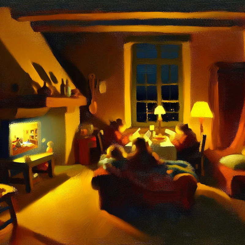 Gezellige avondscène in Rembrandt-stijl van een gezin in een warme woonkamer