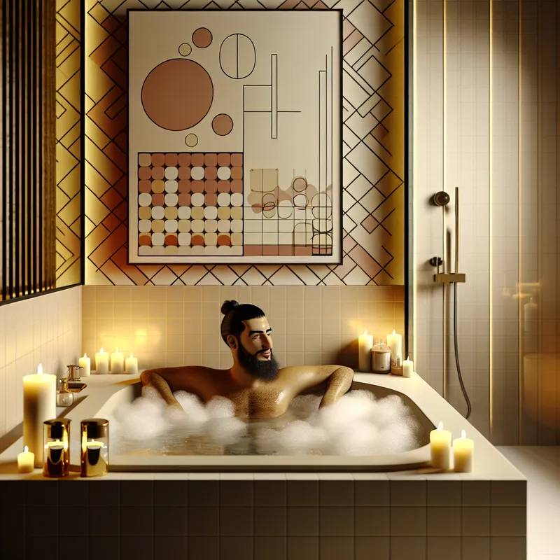 Een ontspannen persoon in een luxe bad vol schuim, omringd door kaarsen en warme verlichting in een vintage badkamer.