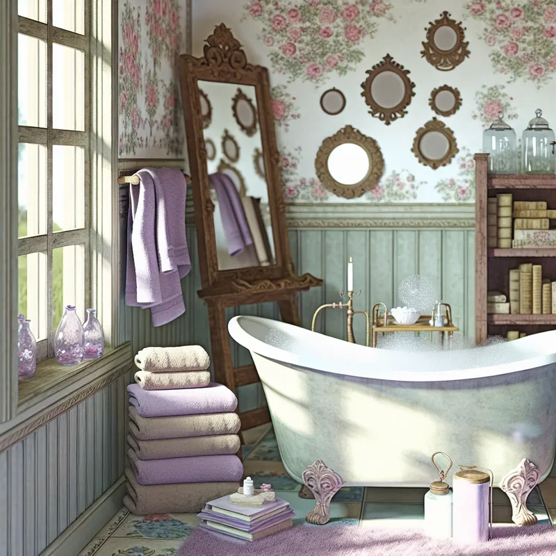 Gezellige badkamer met een sierlijk ligbad en vintage details in de stijl van Anton Pieck.