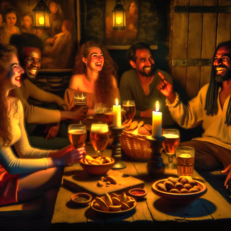 Een gezellige bar scène met vrienden die om een rustieke tafel zitten, vol met glazen bier en hapjes, verlicht door kaarslicht