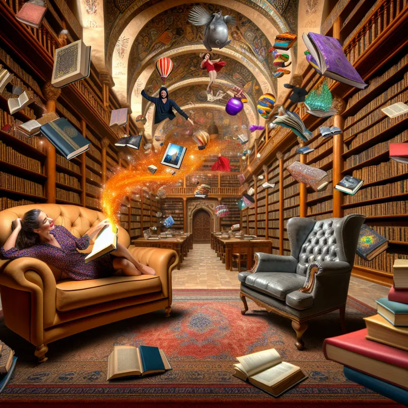 Een persoon ontspannen in een ruime, pluizige fauteuil in een gezellige bibliotheek met zwevende boekillustraties.