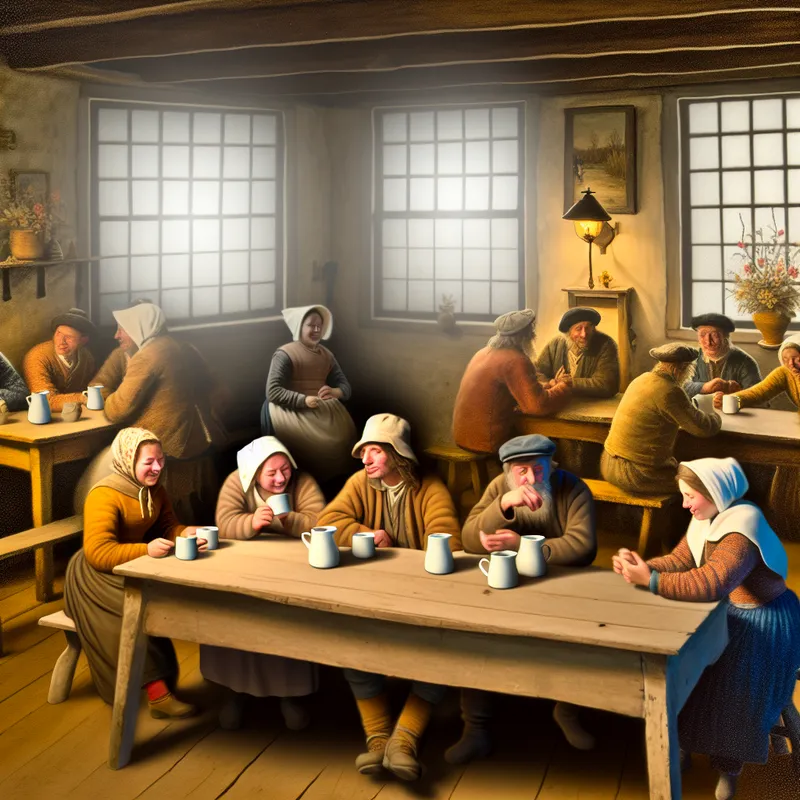 Een gezellige bijeenkomst in een kleine gemeenschapszaal met lachende dorpelingen die warme dranken delen.