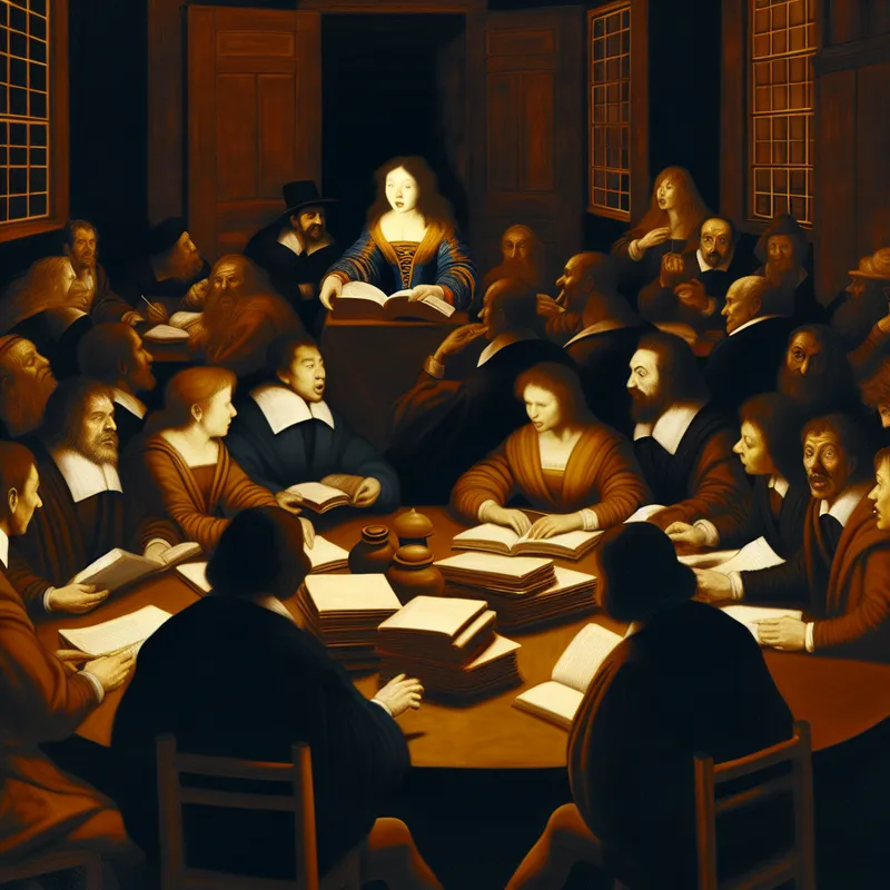 Een intieme bijeenkomst met een spreker en luisteraars aan een tafel vol notities en boeken in een sfeervolle kamer.