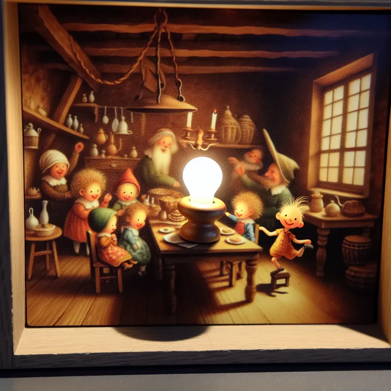 Een schattige lamp genaamd 'het donkertje' die een gezellig tafereel verlicht in een kleurrijke kamer.