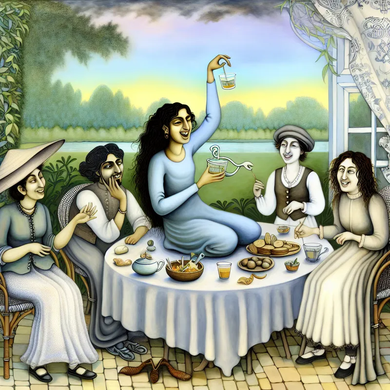 Vrienden in een gezellig buiten café, lachen en proosten met dranken onder een pastel hemel