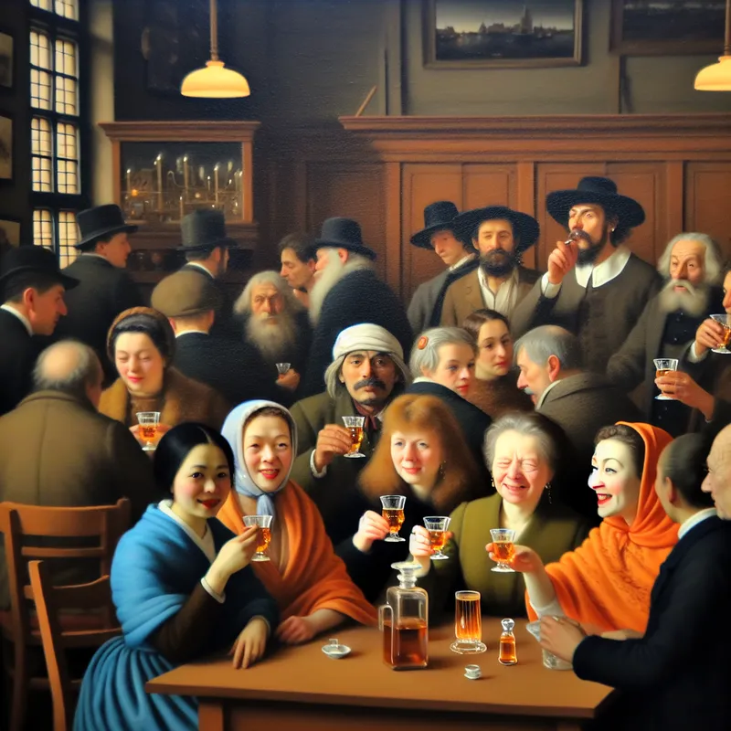 Groep vrienden in een gezellig Nederlands café, geïnspireerd door Hendrick Avercamp, proostend met kleine glazen sterke drank