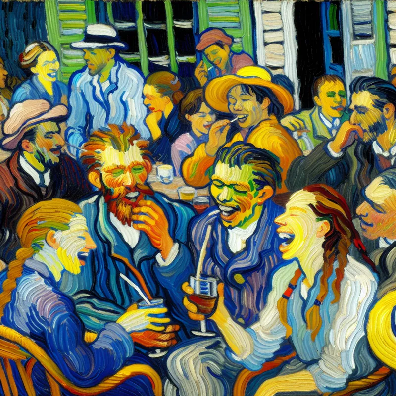 Schilderij van vrienden rondom een gezellig caféterras in Van Gogh-stijl