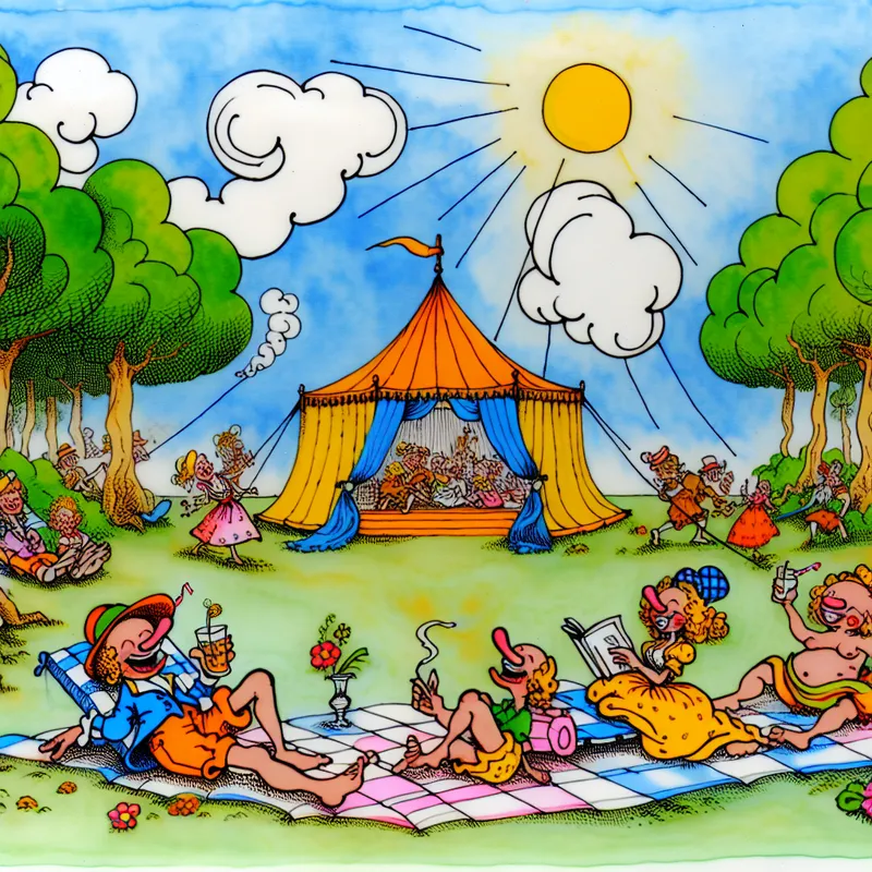 Cartoon scène van een gezellige campingdag met een familie op een lichte deken