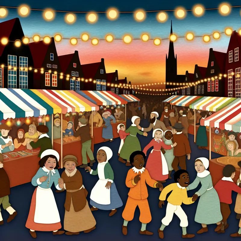 Een levendige dorpsscène tijdens een jaarlijks feest met kleurrijke marktkramen en spelende kinderen.