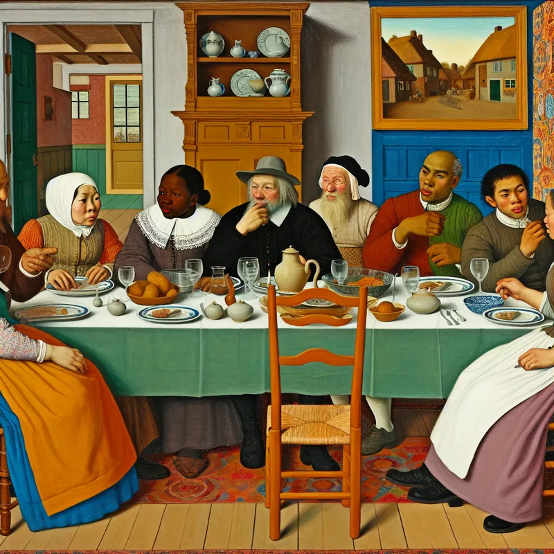 Gezellige eetkamer met familie aan klassieke houten eettafel