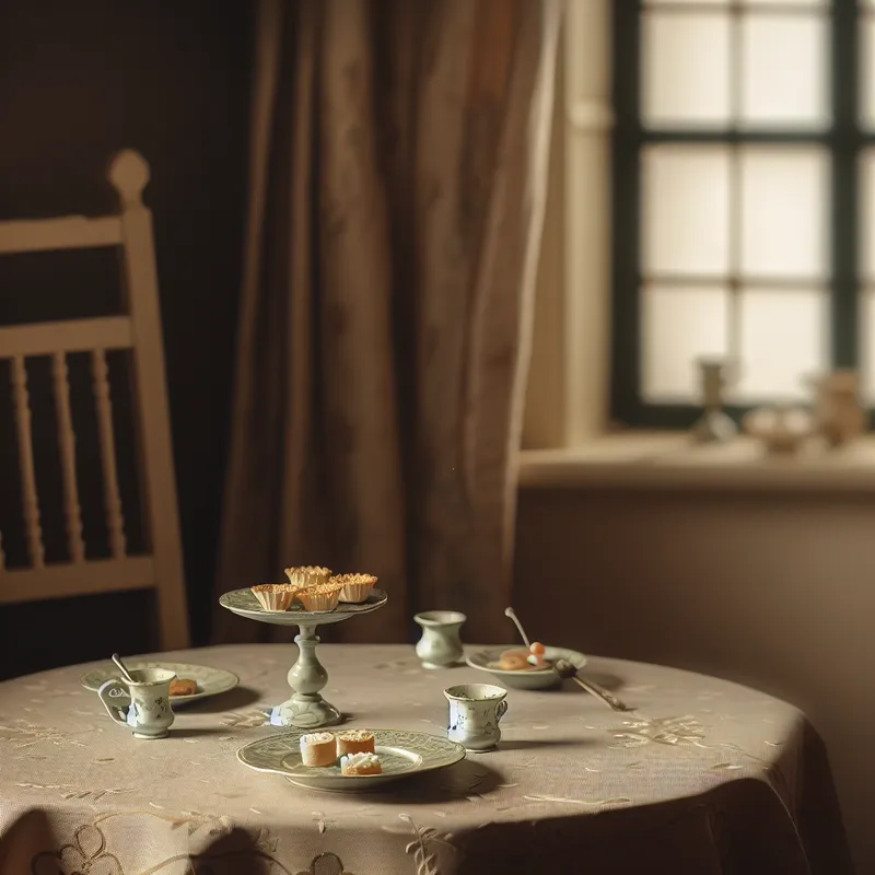 Een gezellige eetopstelling voor twee personen met een half opgegeten bord delicate hapjes in een zacht verlichte kamer.