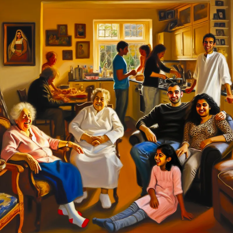 Een levendige familie scène in een gezellige woonkamer met drie generaties samen, met grootouders in armstoelen en kinderen die op de vloer spelen.