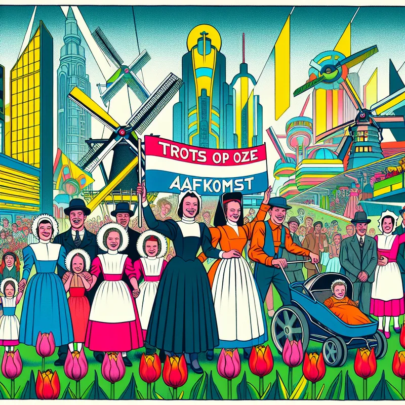 Gezellige familie in traditionele Nederlandse kleding viert cultureel erfgoed met een banner 'Trots op onze afkomst', omringd door windmolens en tulpen.