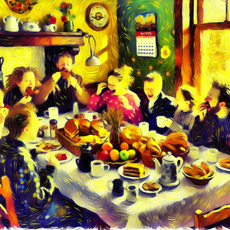 Gezellige keuken tijdens een familieontbijt met verschillende soorten eten en zonlicht