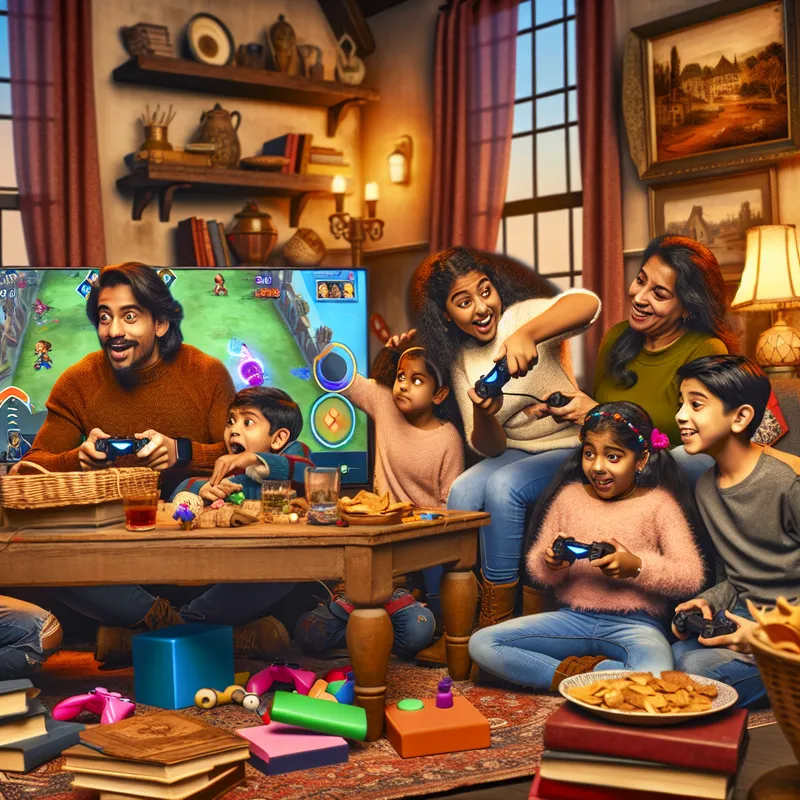 Gezellige familie die samen rond een computer zit om een video game te spelen, met kinderen die enthousiast uitleg geven over de gebruiksvriendelijke bediening.