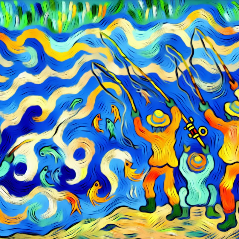 Een kleurrijke en abstracte afbeelding van een blije familie die samen vist aan een rivier, met dynamische waterbewegingen en felle kleuren.