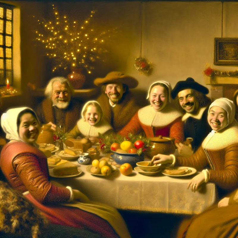 Een gezellige vakantiebijeenkomst met een familie rond een prachtig gedekte tafel vol met eten, stralend van geluk en saamhorigheid.